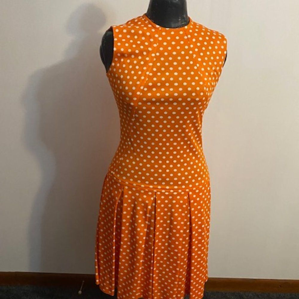 Vintage 60's Orange/White Polka dot drop waist pleated sleeveless dress, size XS